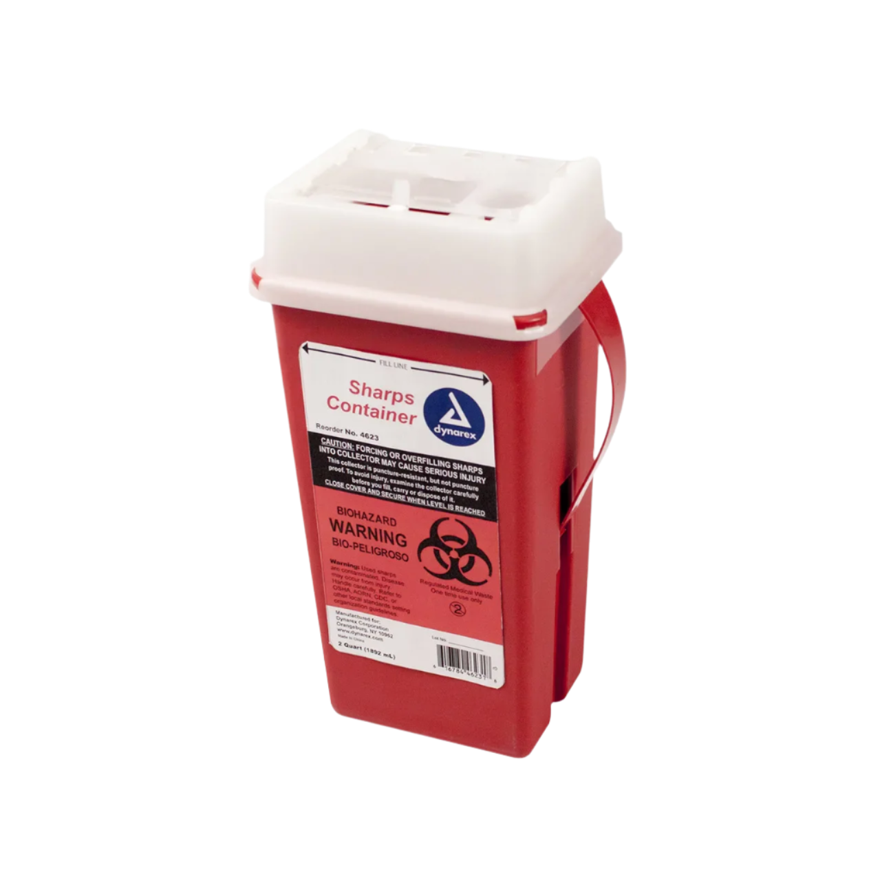 A red hazardous waste container labeled 'Sharps Container' with a white lid, biohazard warning sign, and a handle for easy disposal.
