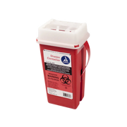 A red hazardous waste container labeled 'Sharps Container' with a white lid, biohazard warning sign, and a handle for easy disposal.