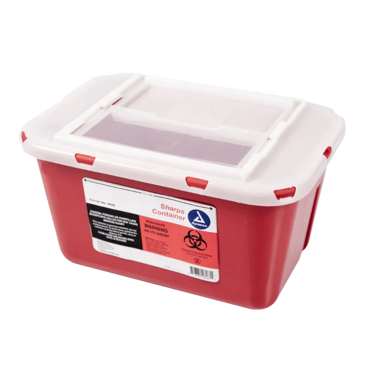 A red hazardous waste container with a white lid, labeled as a Sharps Container and 1 Gallon in size.