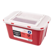 A red hazardous waste container with a white lid, labeled as a Sharps Container and 1 Gallon in size.