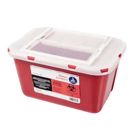 A red hazardous waste container with a white lid, labeled as a Sharps Container and 1 Gallon in size.