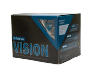 Box of 25 Vision tube and grip sets for tattooing, with clear tubes and black and blue packaging.