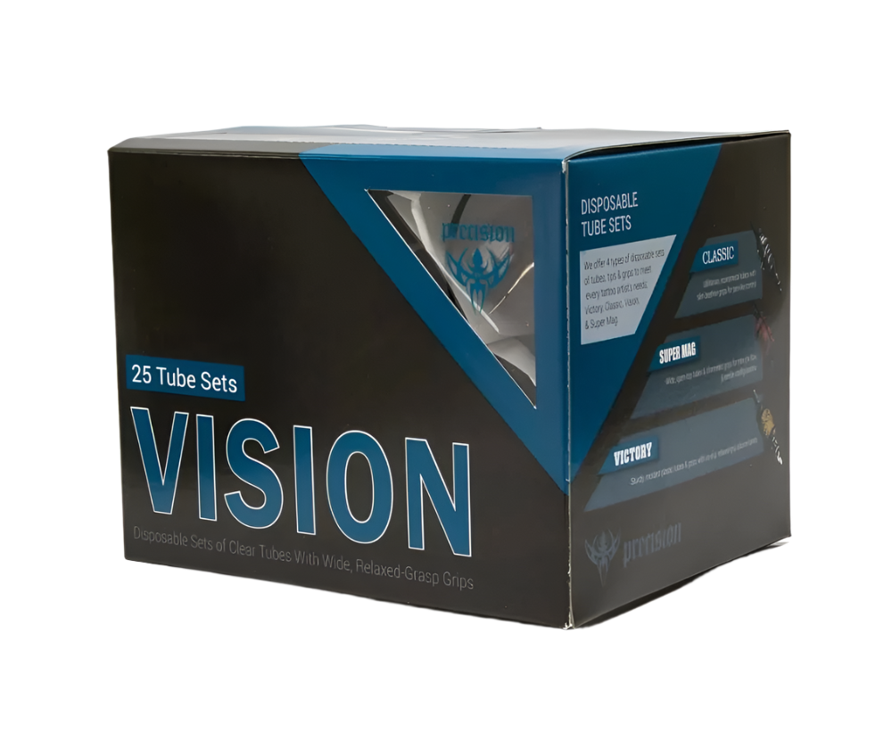 Box of 25 Vision tube and grip sets for tattooing, with clear tubes and black and blue packaging.