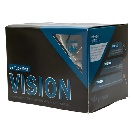 Box of 25 Vision tube and grip sets for tattooing, with clear tubes and black and blue packaging.
