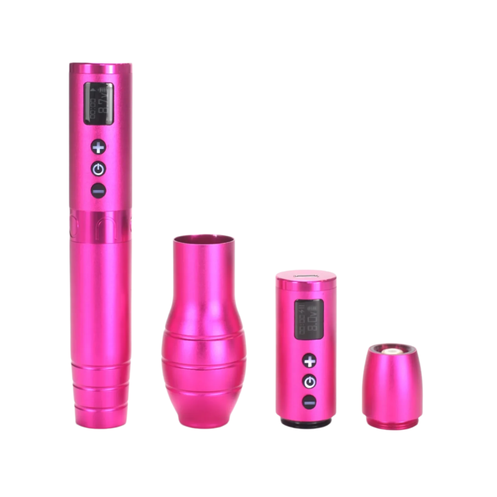 A set of four pink ergonomic tattoo pen machines with various components, including a machine body, grip, and additional accessories, displayed against a white background.