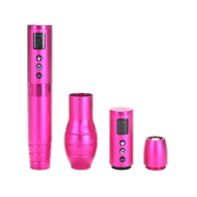 A set of four pink ergonomic tattoo pen machines with various components, including a machine body, grip, and additional accessories, displayed against a white background.