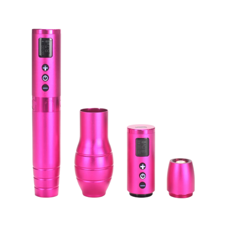 A set of four pink ergonomic tattoo pen machines with various components, including a machine body, grip, and additional accessories, displayed against a white background.
