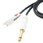 A black tattoo clip cord with a clip on one end and a 1/4" jack on the other, both with the brand name 'EVOLUTION' printed on them.