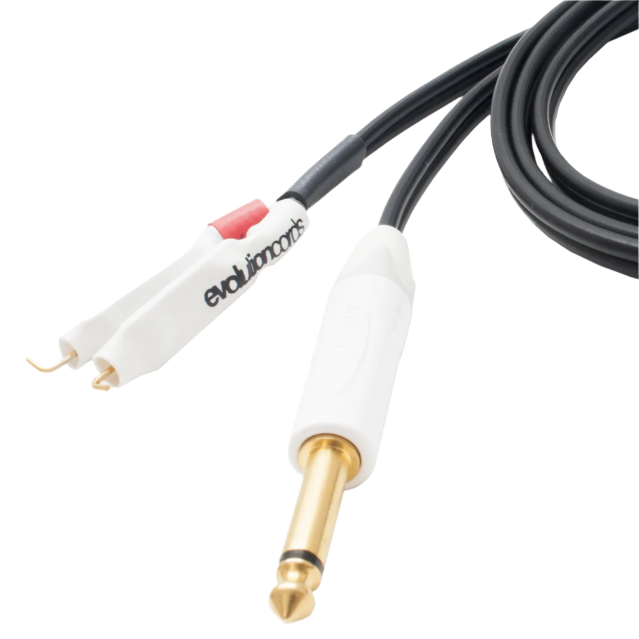 A black tattoo clip cord with a clip on one end and a 1/4" jack on the other, both with the brand name 'EVOLUTION' printed on them.