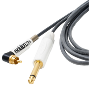 The image shows an angled RCA tattoo cord with a black silicone jacket. It features a right-angle RCA connector on one end and a 1/4" jack on the other, both connectors are gold-plated.