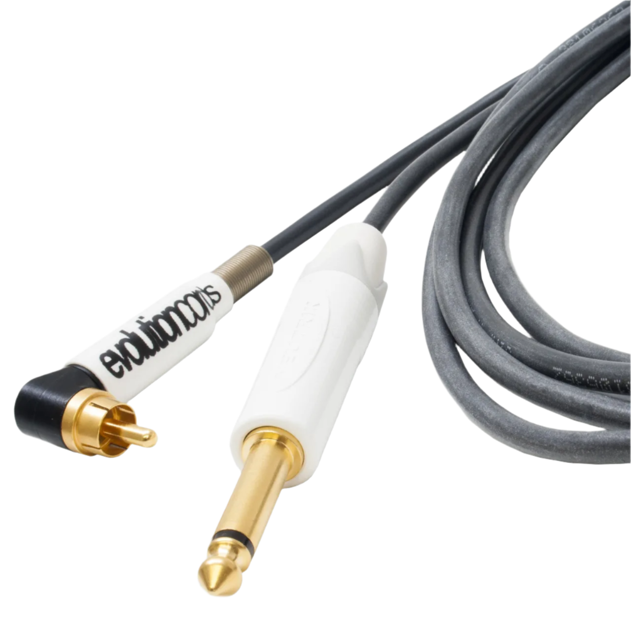 The image shows an angled RCA tattoo cord with a black silicone jacket. It features a right-angle RCA connector on one end and a 1/4" jack on the other, both connectors are gold-plated.