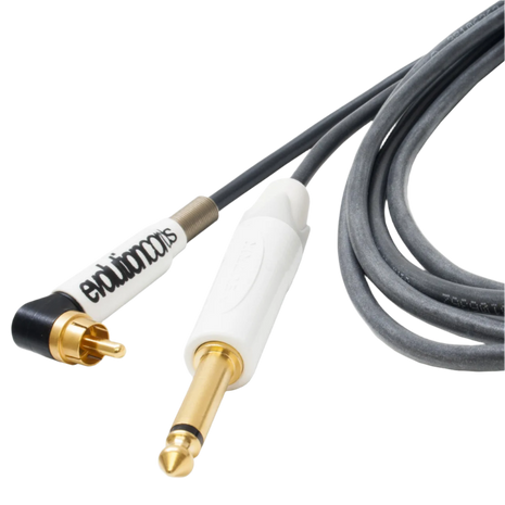 The image shows an angled RCA tattoo cord with a black silicone jacket. It features a right-angle RCA connector on one end and a 1/4" jack on the other, both connectors are gold-plated.