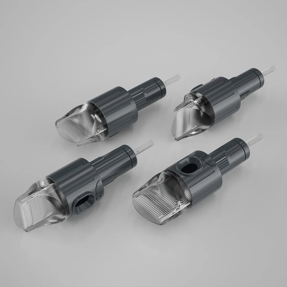 A set of four SUPER Curved Magnums tattoo needle cartridges from the Electrum Gold Standard line, featuring a clear and gray color scheme.