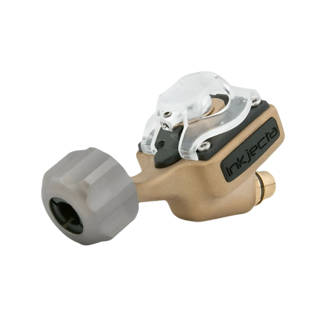 An InkJecta Flite Nano Elite Rotary Tattoo Machine in color Blast Brass with a billet alloy construction.