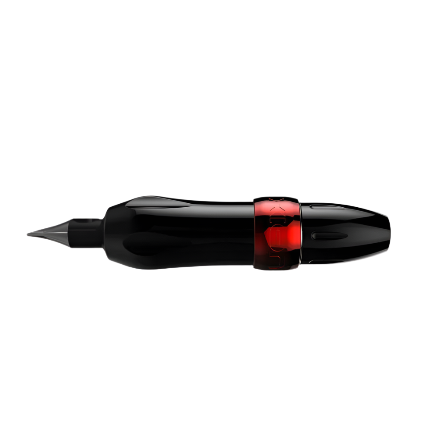 A Spektra Xion Rotary Tattoo Machine by FK Irons in black color with a visible red detail near the tip.