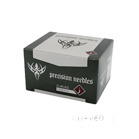 Box of 18g curved body piercing needles from Precision Needles brand, 