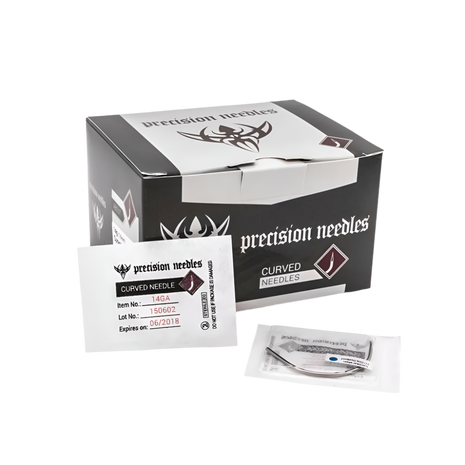 A box of precision curved piercing needles with a curved needle in a sterilized pouch in front 