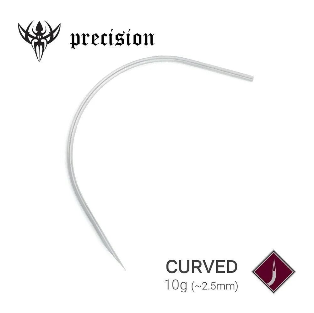 A curved precision tattoo needle in a 10g size