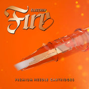 A tattoo needle cartridge from the brand Electrum Fire, featuring a clear body with silver and black details, on an orange background with bokeh lights.