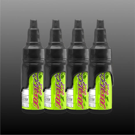 A set of 4 bottles of Electrum Tattoo Ink in varying shades of gray, labeled with percentage levels indicating light, medium, dark, and darkest shades.