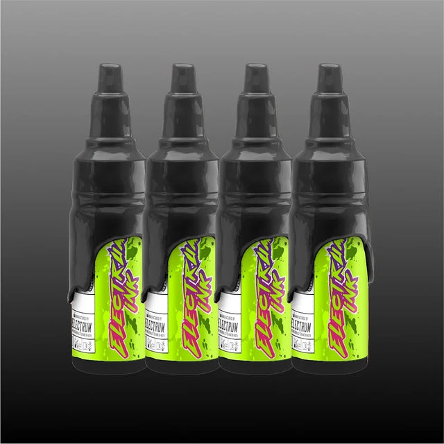 A set of 4 bottles of Electrum Tattoo Ink in varying shades of gray, labeled with percentage levels indicating light, medium, dark, and darkest shades.