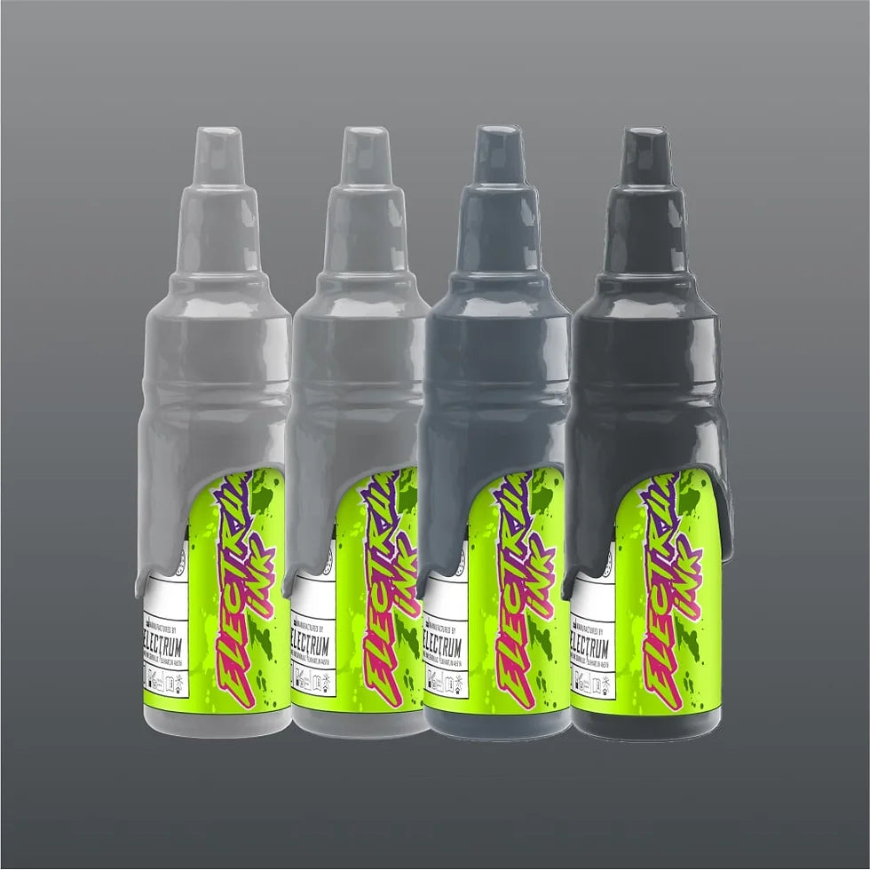 A set of four Electrum tattoo ink bottles in opaque colors, labeled Opaque 1, Opaque 2, Opaque 3, and Opaque 4, against a gray background.