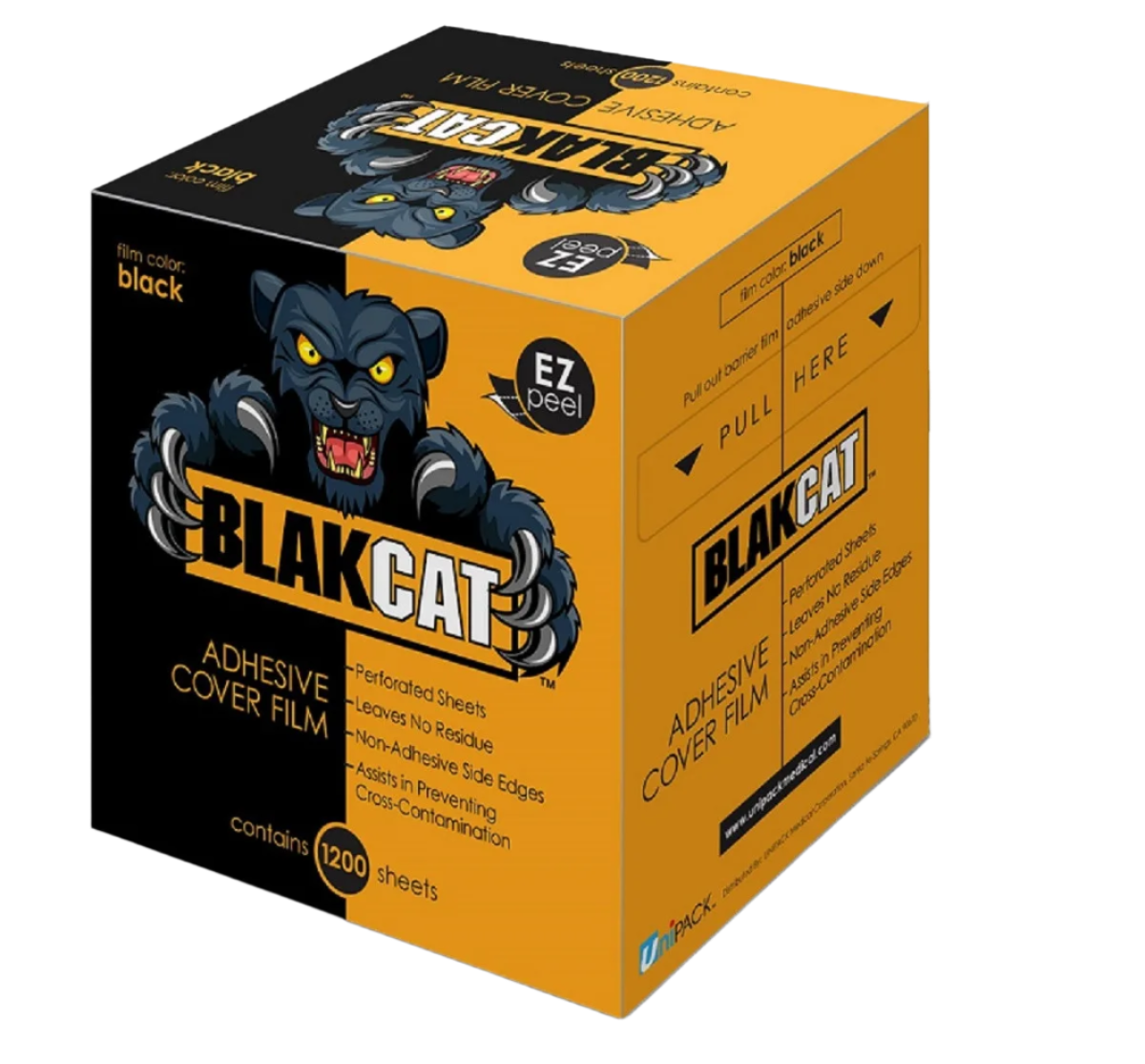 box of Blakcat  adhesive cover film featuring yellow and black Black cat logo