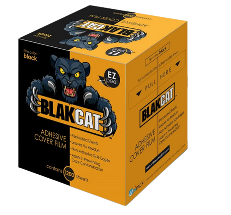 box of Blakcat  adhesive cover film featuring yellow and black Black cat logo