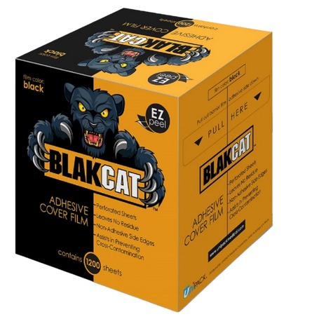 box of Blakcat  adhesive cover film featuring yellow and black Black cat logo