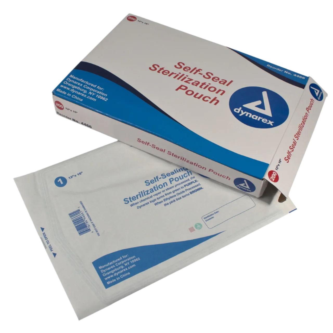 A box of Dynarex self-sealing sterilization pouches with a blue-tinted transparent cover, indicating the size and product information.