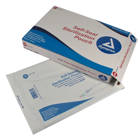 A box of Dynarex self-sealing sterilization pouches with a blue-tinted transparent cover, indicating the size and product information.