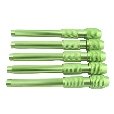Five green metal tools arranged on a white background