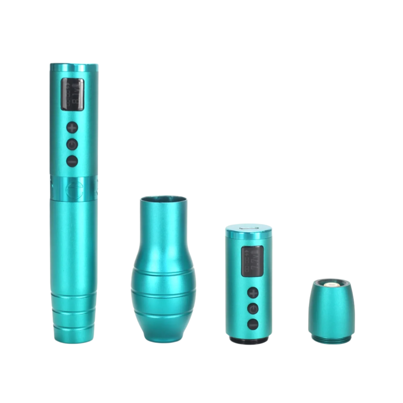 A set of four pieces of tattooing equipment, including a pen-style tattoo machine and accessories, in an aqua galaxy color.