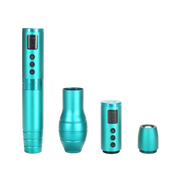 A set of four pieces of tattooing equipment, including a pen-style tattoo machine and accessories, in an aqua galaxy color.