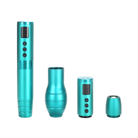 A set of four pieces of tattooing equipment, including a pen-style tattoo machine and accessories, in an aqua galaxy color.