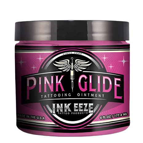 A container of INKEEZE Pink Glide Tattoo Ointment with a pink label, predominantly designed as a lubricant for tattoos.