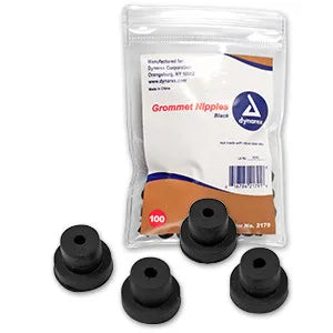 A pack of black rubber grommets, also known as 'Grommet Nipples', model number 1719, and comes in a bag of 100.