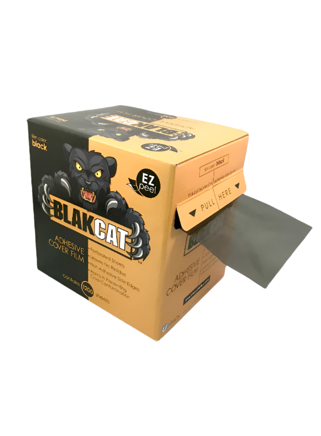 Dispenser box of Blakcat adhesive film featuring logo for Blakcat and showing the film exiting from side slit.