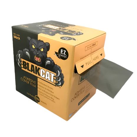 Dispenser box of Blakcat adhesive film featuring logo for Blakcat and showing the film exiting from side slit.