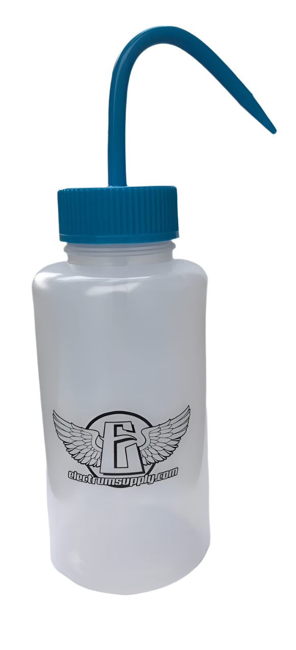 A clear Nalgene squeeze bottle with a blue cap 