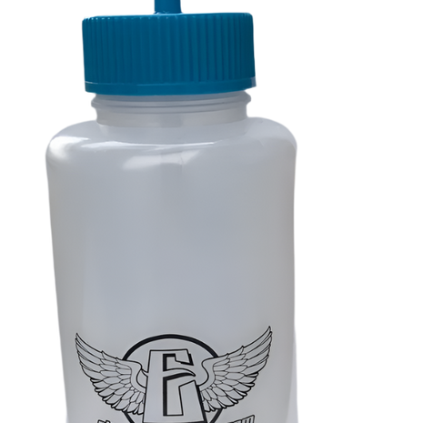 A clear Nalgene squeeze bottle with a blue cap 