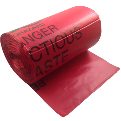 A roll of red biohazard waste disposable bags with the words 'Hazardous Waste' printed in black.