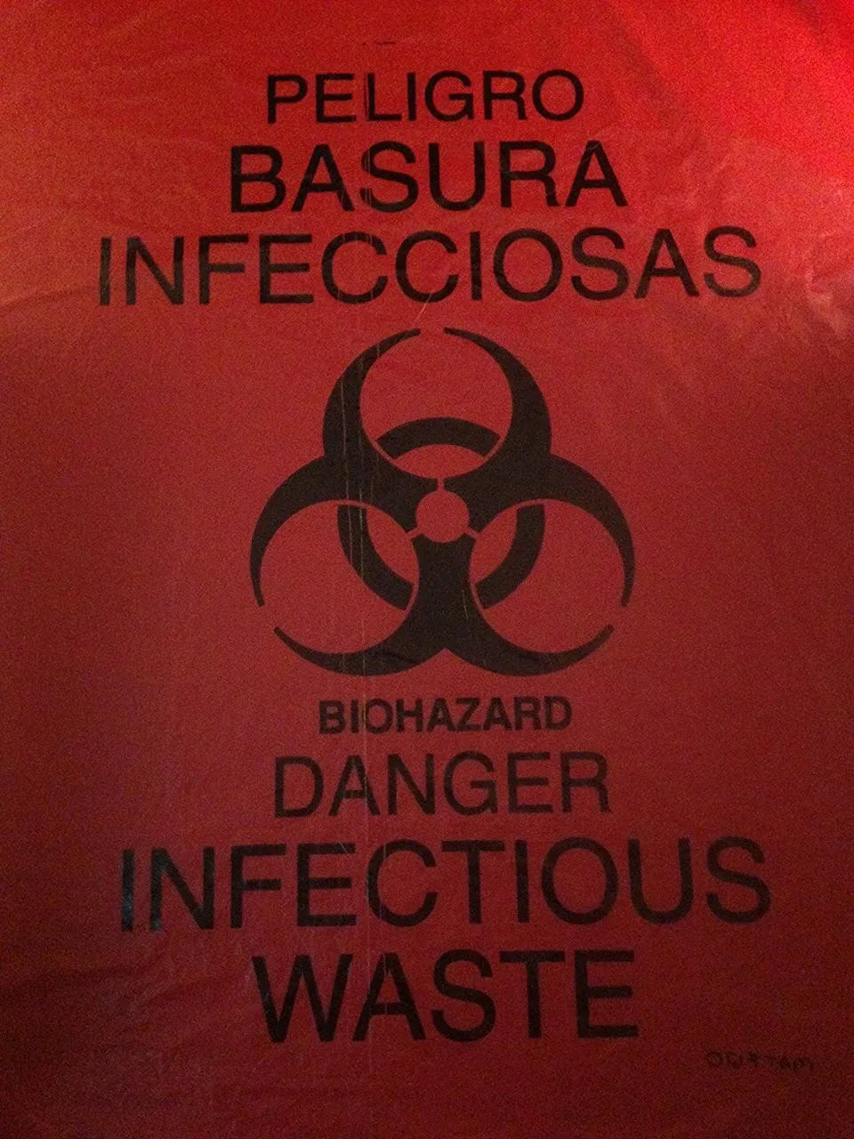 A close up of a hazardous waste bag - its used to dispose of blood borne pathogens and cross contamination