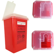Red sharps container with biohazard warning on a green background