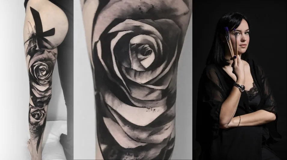 photo of legs tattooed and girl with brushes