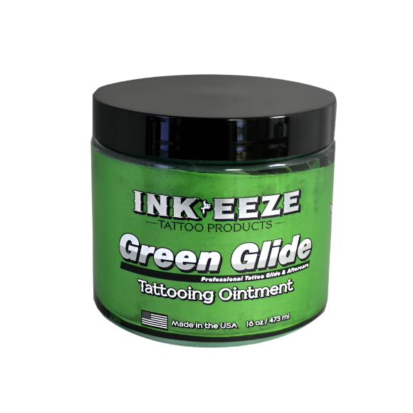 Green jar of Ink-Eeze Green Glide Tattooing Ointment 