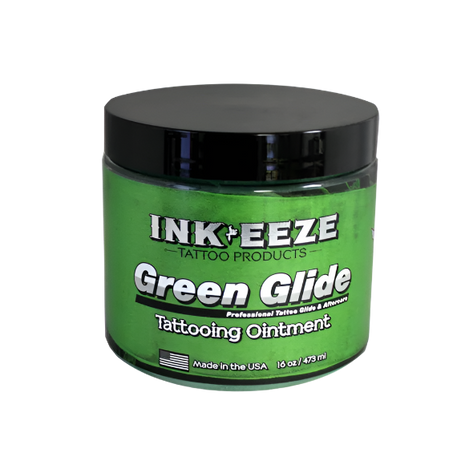 Green jar of Ink-Eeze Green Glide Tattooing Ointment 