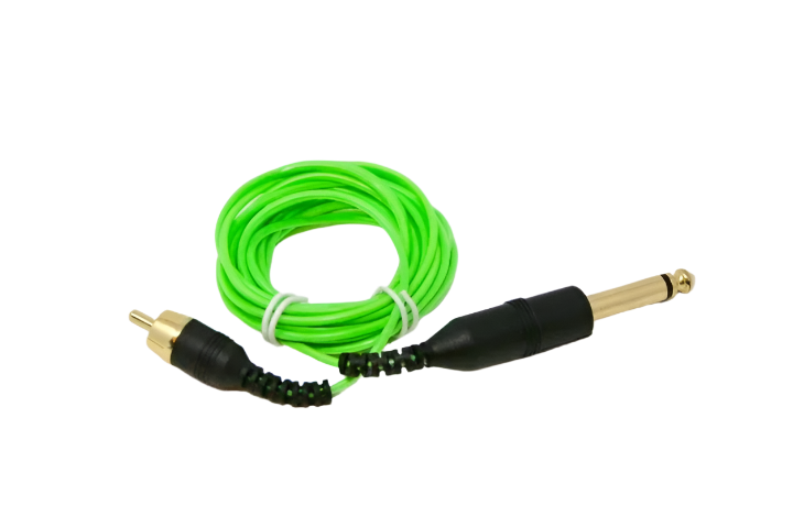 Straight Green ultra slim RCA cord with permanently sealed monophone and RCA end pieces.