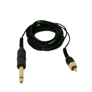 A black and gold straight RCA cord with monophone and RCA end pieces.