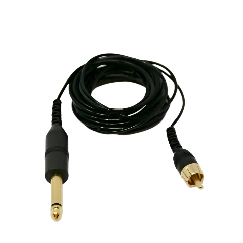A black and gold straight RCA cord with monophone and RCA end pieces.